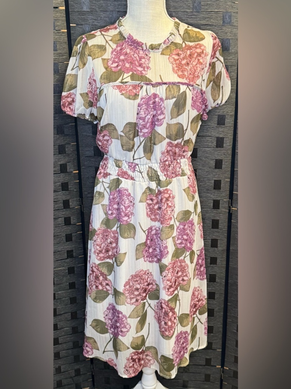 Faith and Joy White Midi Dress with Pink and Mauve Floral Print